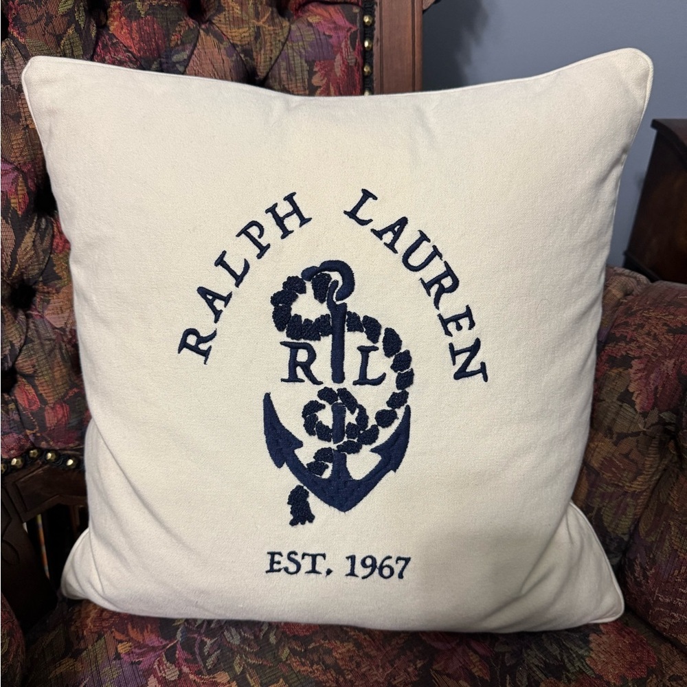 Ralph Lauren Cream Cushion with Navy Emblem 18x18